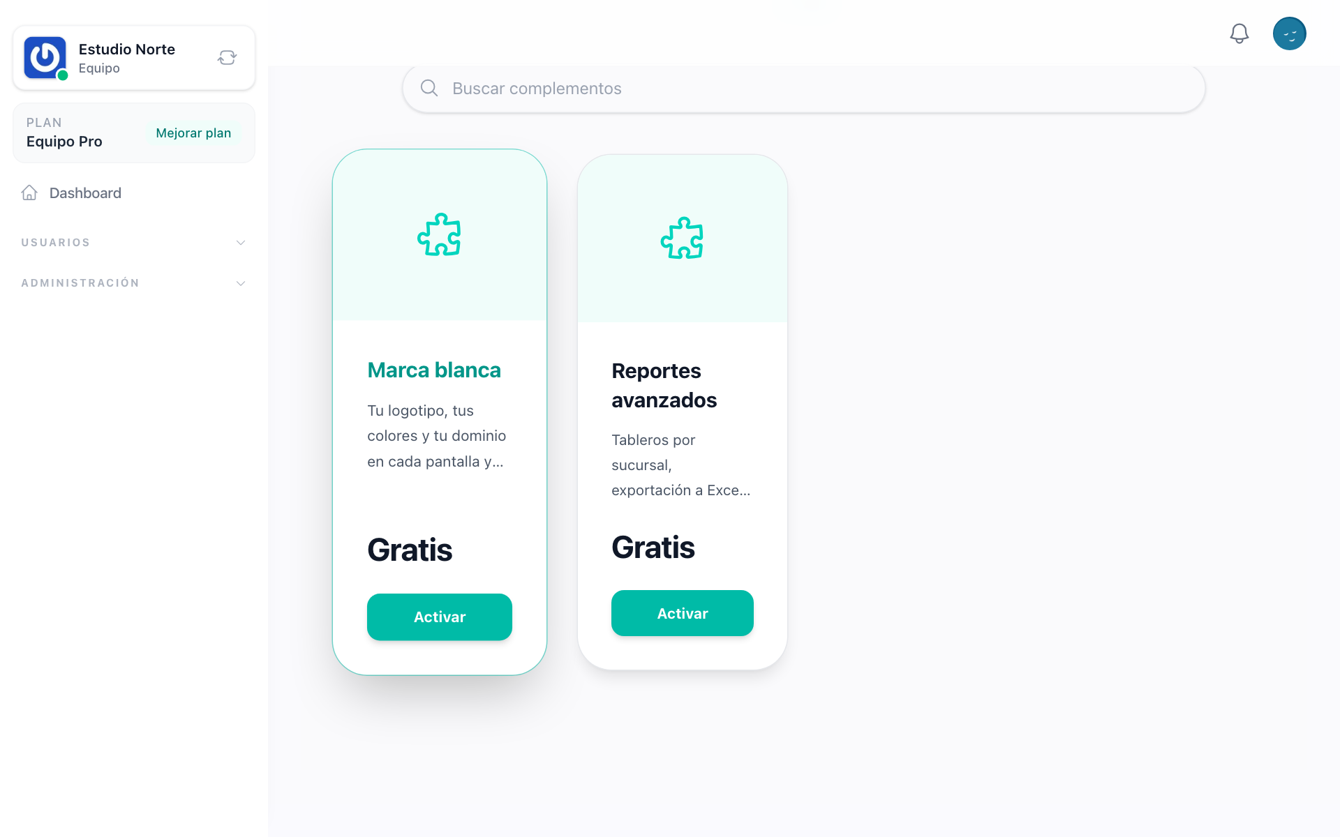 Complementos activados para un equipo