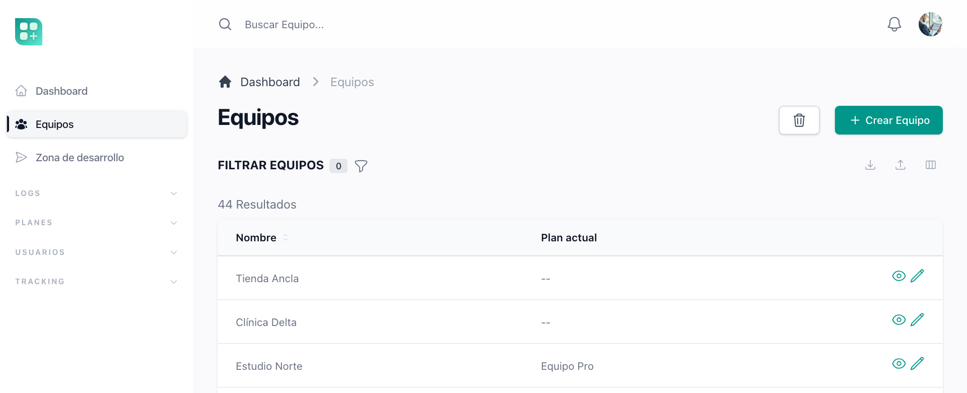 Equipos en el panel de administración